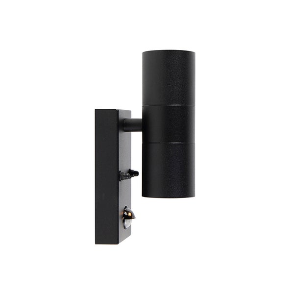 Schwarze Außenwandleuchte in Zylinderform mit Bewegungsmelder.
