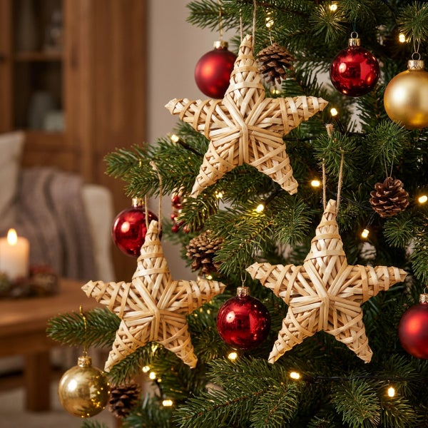 Weihnachtsbaum geschmückt mit Sternen aus Weidengeflecht, roten und goldenen Weihnachtskugeln sowie Tannenzapfen in einer gemütlichen Wohnung.