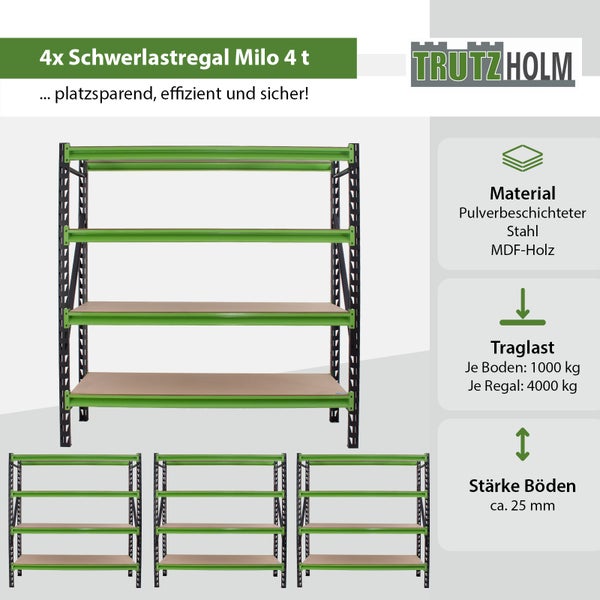 Set von vier Trutzholm Schwerlastregalen Milo mit je vier Regalböden aus pulverbeschichtetem Stahl und MDF Platten mit einer Traglast von 4000 kg.