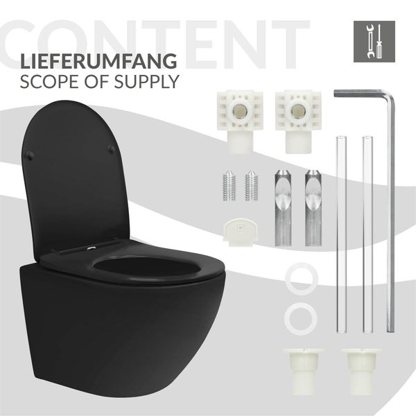 LuxeBath Wand WC Spülrandlos Schwarz matt kurz 49cm, Tornadospülung, Tiefspüler Keramik Hänge WC, Toilette ohne Spülrand, Softclose-Klodeckel abnehmbar, Kloschüssel Hängend mit WC-Sitz Absenkautomatik