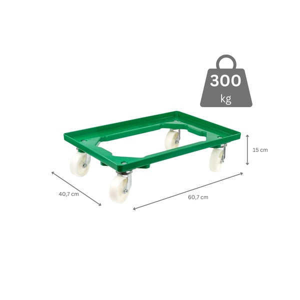 PROREGAL SparSet 10x Transportroller für Euroboxen 60 x 40 cm mit Kunststoffräder Grün Offenes Deck 4 Lenkrollen Traglast 300 kg