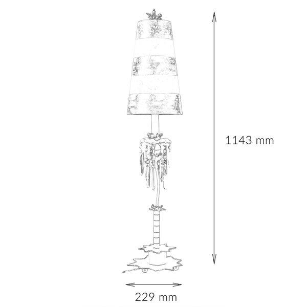 Skizze einer Stehlampe mit Lampenschirm, Höhe 1143 Millimeter, Durchmesser 229 Millimeter