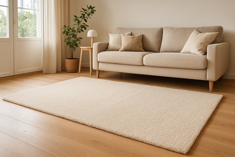 Ein moderner Wohnbereich mit einem flauschigen Teppich, einem Sofa, einem kleinen Beistelltisch mit Lampe und einer Pflanze auf einem Holzfußboden.