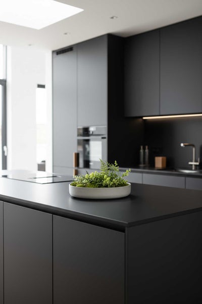 Moderne, minimalistische Küche mit mattschwarzen Schränken und Kochinsel. Eine kleine Pflanzenschale steht auf der matten Arbeitsplatte.