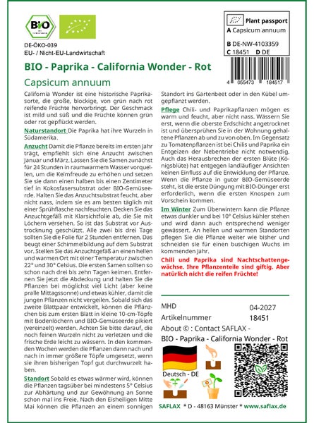 SAFLAX Garden to go - BIO - Paprika - California Wonder - Rot - Capsicum annuum - 20 Samen - Mit Topf, Klima - Deckel und Anzuchtsubstrat