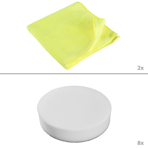 Zwei Mikrofasertücher und acht Polierschwämme