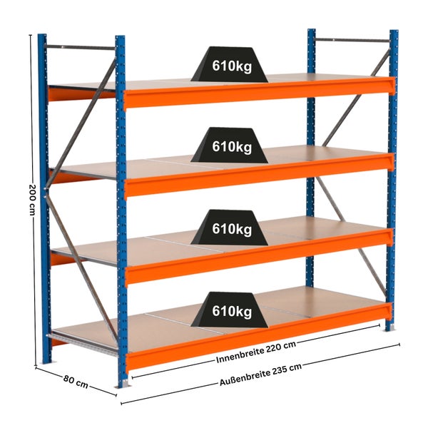 Regal mit vier Ebenen und Gewichtsangabe