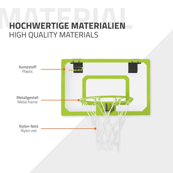 Hauki Mini Basketballkorb fürs Zimmer im Set 3 Bälle Ø16cm, Netz, Pumpe, 58x40 cm, Grün, tragbar, Backboard Tür/Wandmontage, ohne Bohren, Indoor Basketball Hoop hängend, Hängebrett Basketballbrett