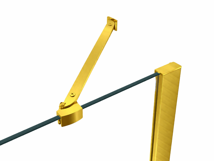 Stabilisierungsarm für Duschwände aus goldfarbenem Metall mit Wandanschluss und Glashalterung.
