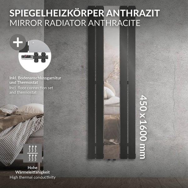 LuxeBath Badheizkörper mit Spiegel Mittelanschluss 1600x450 mm Anthrazit Bodenanschlussgarnitur Durchgangsform Multiblock mit Thermostat, Paneelheizkörper Vertikal Spiegelheizkörper Glasheizkörper