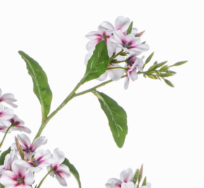 Künstlicher Blütenzweig mit weißen Blüten, lila Mitte, grünen Blättern und braunem Stiel.