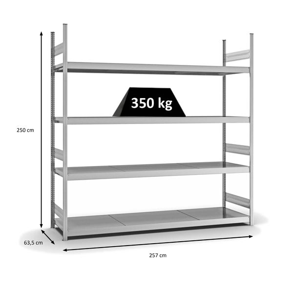 PROREGAL Weitspannregal Stecksystem T-Profil Grundregal HxBxT 250x250x60 cm 4 Ebenen Stahlplatten Fachboden Fachlast 350 kg Verzinkt