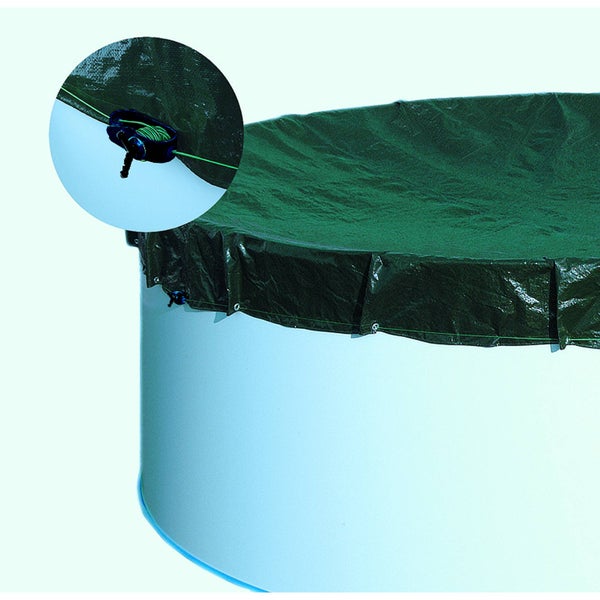 Grüne Abdeckplane für Rundpools inklusive Detailansicht des Spannschlosses mit Schnur zur Befestigung.