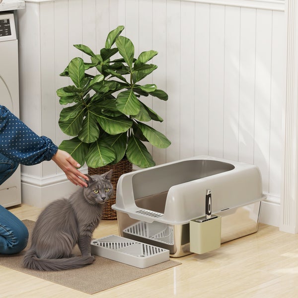 PawHut Katzenklo Edelstahl XXL 60x40x30 cm Katzentoilette mit Schaufel Katzenstreumatte Katzentoilette mit Aufbewahrungsbox Katze Toilettenhaus für Indoor Hellgrau
