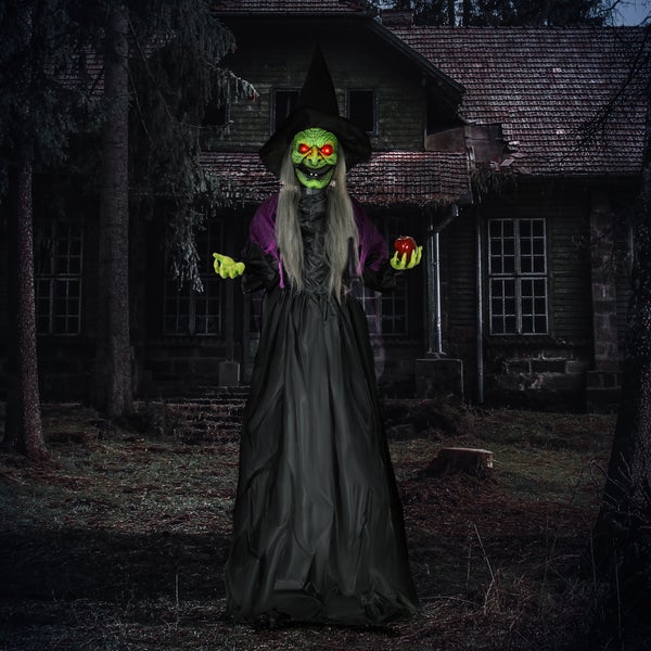 HOMCOM 180cm Halloween Dekoration Halloween-Hexe mit Giftapfel LED-Lichter, Soundfunktion, Haustür Deko mit verstellbare Arme, Garten Dekofigur in Lebensgröße für Party