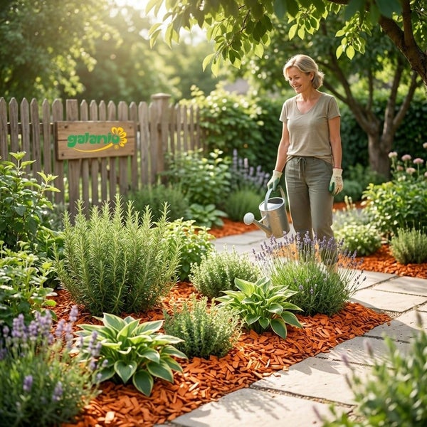 Frau gießt Pflanzen in einem Gartenbeet mit orangefarbenem Rindenmulch, Lavendel und Rosmarin neben einem Holzzaun mit Galani Logo.