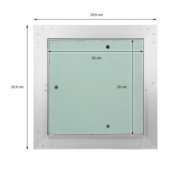 Quadratische Revisionsklappe aus Aluminium mit Gipskartoneinlage, Einbaumaß 20 mal 20 Zentimeter, Außenmaß 25,6 mal 25,6 Zentimeter.