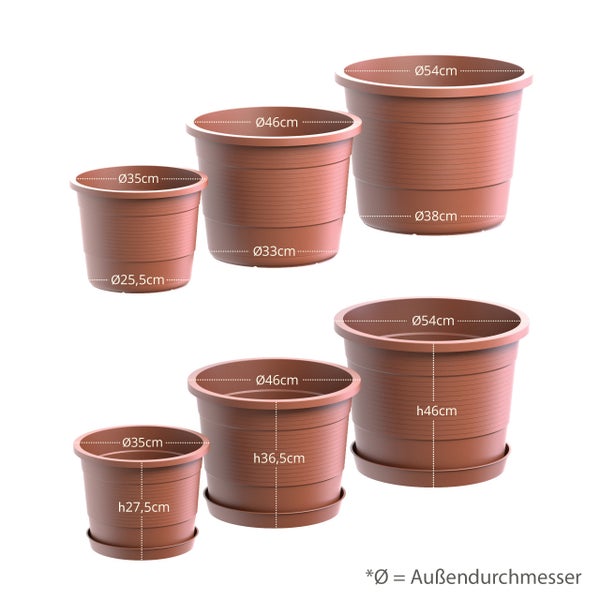 Plastard Blumentopf Terra Ø 54 cm Terrakotta, wetterfester Pflanzkübel, Pflanztopf, Blumenkübel, Übertopf für Innen & Außen aus Kunststoff mit Überlauf