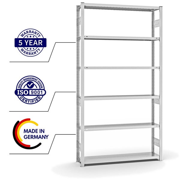 PROREGAL Fachbodenregal Stecksystem T-Profil Medium-Duty Grundregal HxBxT 250 x 130 x 30 cm 6 Ebenen Fachlast 200 kg Beidseitig Nutzbar Lichtgrau