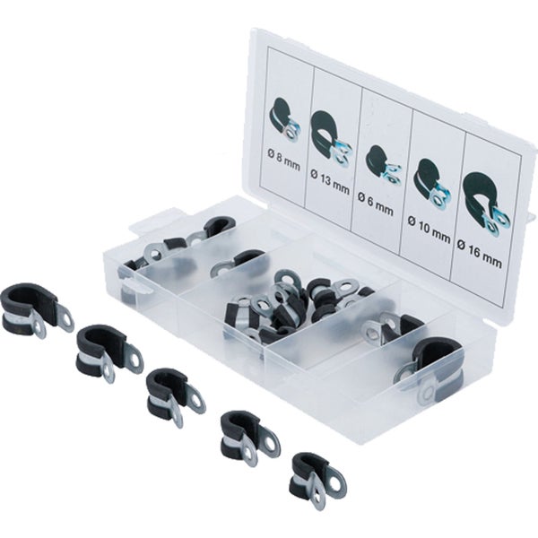 Sortimentsbox mit gummierten Rohrschellen für Kabel und Rohre in den Größen 6, 8, 10, 13 und 16 Millimeter.