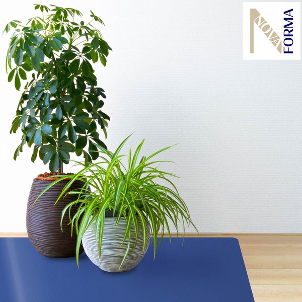 Blaue Bodenschutzmatte mit zwei Zimmerpflanzen in strukturierten Übertöpfen vor einer hellen Wand. Nova Forma Logo.