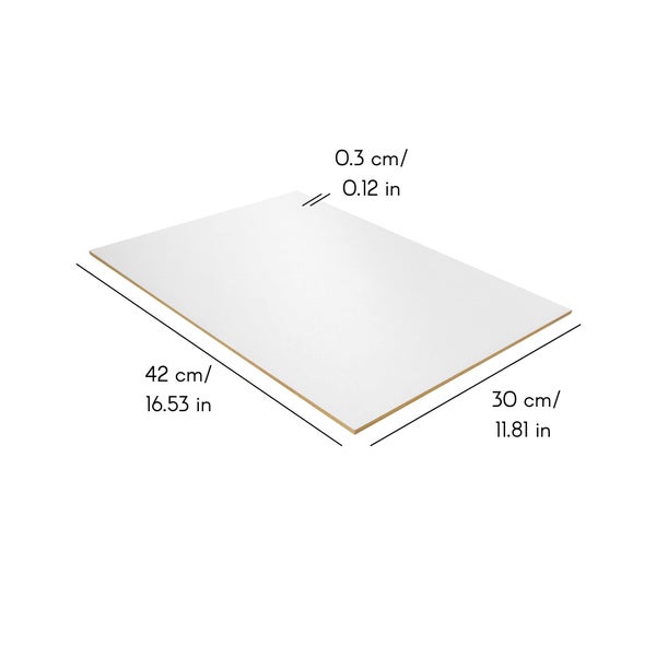MDF-Platte mit den Maßen 30 Zentimeter Länge, 21 Zentimeter Breite und 0,3 Zentimeter Stärke.