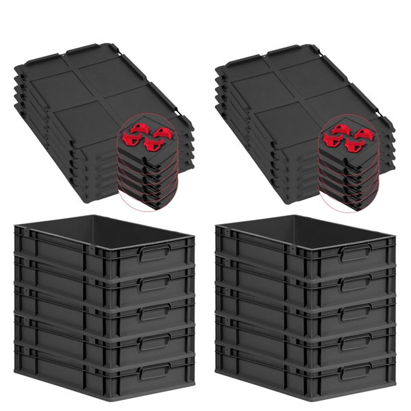 PROREGAL SparSet 10x Eurobox NextGen Grip mit Auflagedeckel inkl. 4 roten Schiebeschnappverschlüssen, HxBxT 12x40x60cm, 23 Liter, Schwarz, Griffe geschlossen, Eurobehälter, Transportbox, Transportbehälter, Stapelbehälter