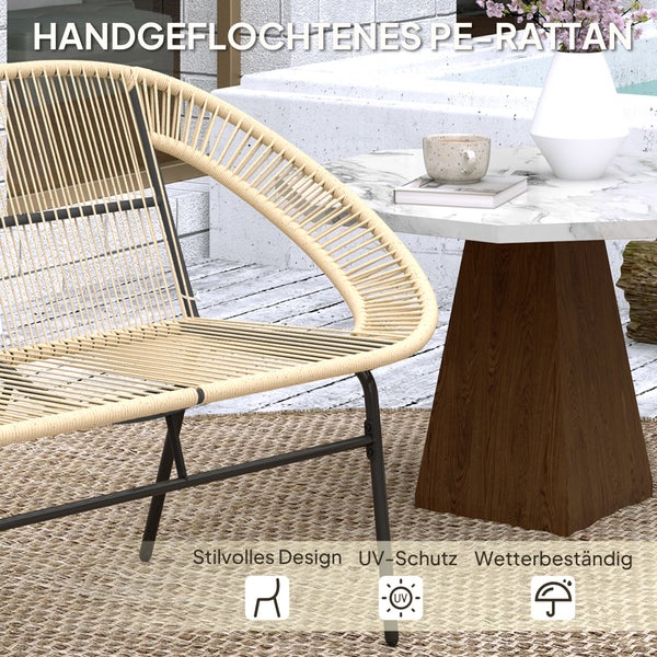 Outsunny 2-Sitzer Gartenbank Polyrattan, wetterfest Sitzbank im Rattanflecht-Design, UV-Beständig Gartenmöbel mit Rückenlehnen, Parkbank 260kg belastbar, für Balkon Terrasse, Garten 126x72x83cm, Khaki