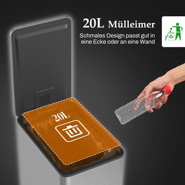 HOMCOM Mülleimer 20L Treteimer Kosmetikeimer Abfalleimer mit Deckel und Fußpedal, Müllbehälter mit Inneneimer, für Wohnzimmer, Büro, Edelstahl, 21,5 x 37,2 x 57 cm