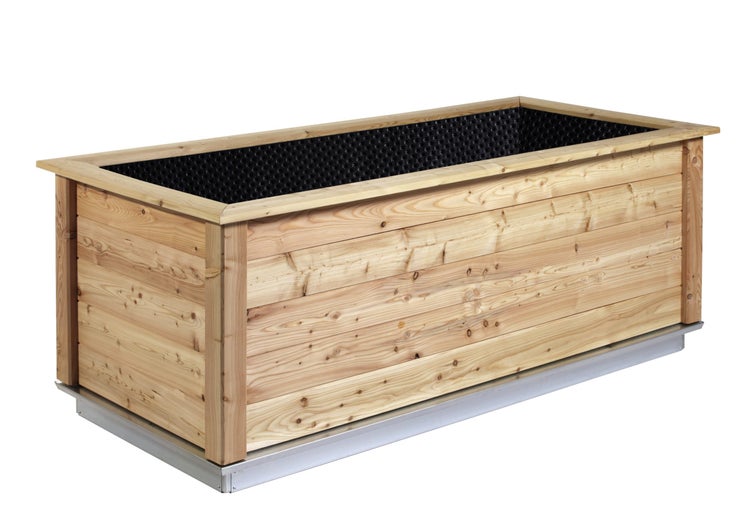 Rechteckiges Hochbeet aus Holz mit Metallsockel und innerer schwarzer Noppenfolie.