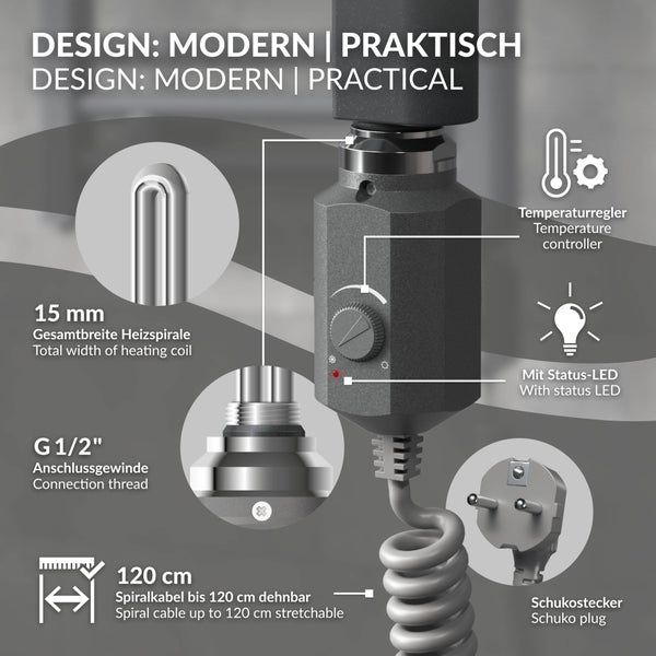 Heizstab-Set: Temperaturregler, Statusleuchte, 15 Millimeter breite Spirale, G einhalb Zoll Gewinde, 120 Zentimeter Spiralkabel, Schukostecker.