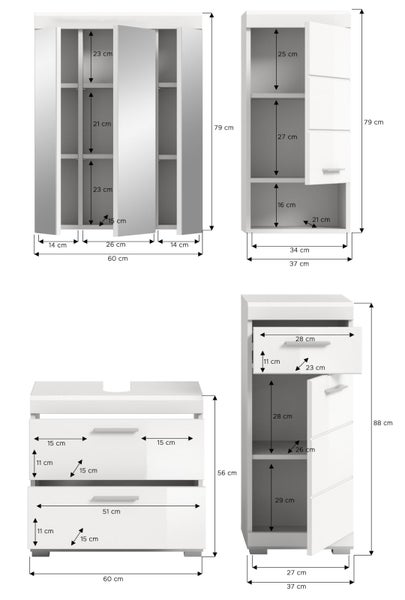 Maßangaben in Zentimeter für Badezimmermöbel: Spiegelschrank, Hochschränke und Waschbeckenunterschrank mit Innen- und Außenmaßen.