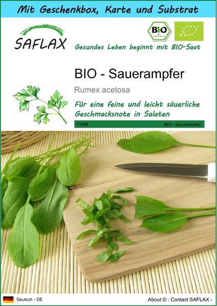 SAFLAX Geschenk Set - BIO - Sauerampfer - Rumex acetosa - 400 Samen - Mit Geschenkbox, Versandaufkleber, Geschenkkarte und Anzuchtsubstrat