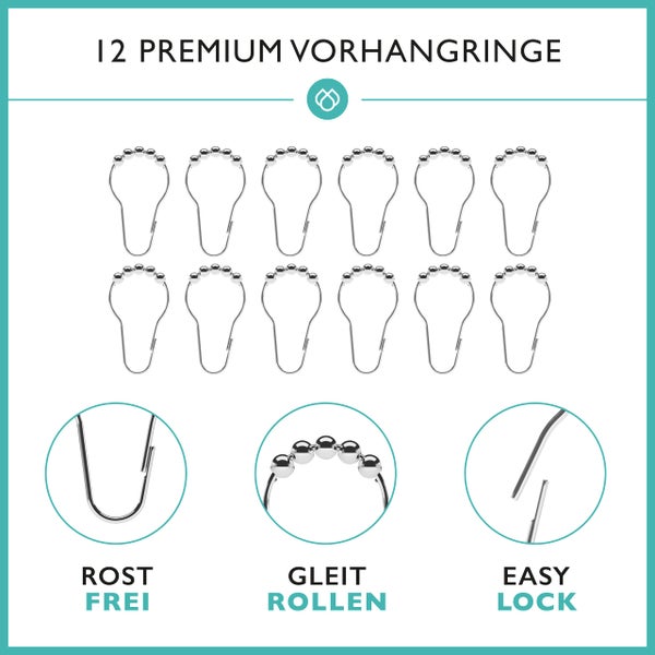 Duschvorhangstange ohne Bohren inkl. 12 Ringe - Stabile 120-215cm Teleskop Duschstange ohne Bohren aus Edelstahl rostfrei - Duschvorhang Stangen Set - Teleskopstange Dusche & Badewanne
