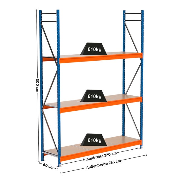 Metallregal mit drei Ebenen und Maßangaben