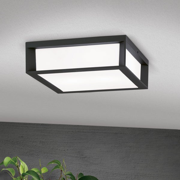 Quadratische LED-Außenleuchte für die Deckenmontage mit dunklem Rahmen und weißer Abdeckung.