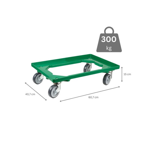 PROREGAL Transportroller für Euroboxen 60 x 40 cm mit Gummiräder Grün Offenes Deck 4 Lenkrollen Traglast 300 kg