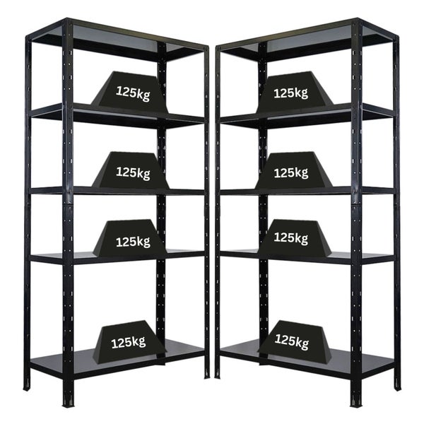 Zwei Metallregale mit je fünf Regalböden und einer Belastung von 125 Kilogramm.