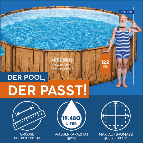 Bestway Pool Power Steel Swim Vista Series II, Holzoptik, Durchmesser 488 Zentimeter, Höhe 122 Zentimeter, Kapazität 19480 Liter.