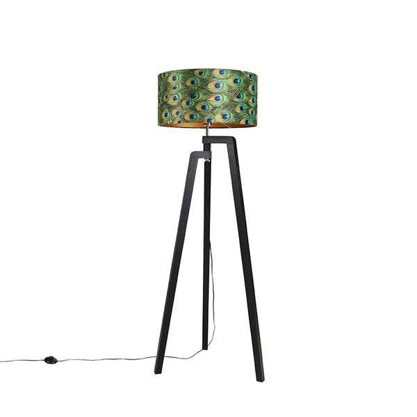 QAZQA - Klassisch I Antik Stehleuchte I Stehlampe I Standleuchte I Lampe I Leuchte Stativ schwarz mit Schirm Pfau Design 50 cm - Puros I Wohnzimmer I Schlafzimmer - Holz Zylinder I Länglich I Rechteck