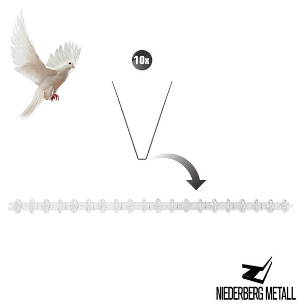 NIEDERBERG METALL Taubenabwehr Spikes - 300cm Kunststoff Tauben Abwehrleiste mit 60 Vogel Abwehr Spikes - Taubenabwehr Balkon Vogelabwehr für Dachbalken - Vogelschutz Dach Solaranlage Photovoltaik