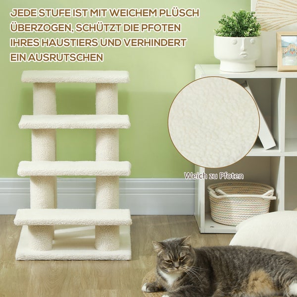 PawHut Tiertreppe Katzentreppe Hundetreppe Treppe für Katze und Hunde 4 Stufen Cremeweiß 63,5x43x60cm