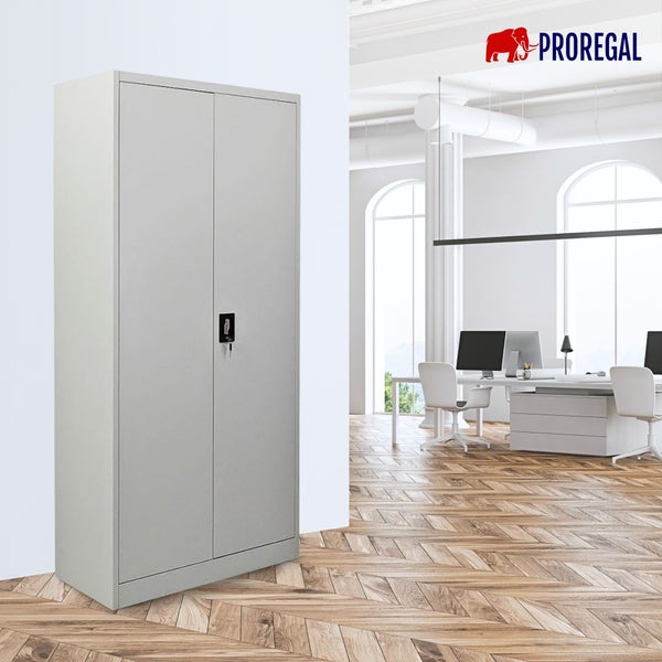 Hoher Metall-Büroschrank mit zwei verschließbaren Türen in einem modernen, hellen Büro. Proregal Logo.