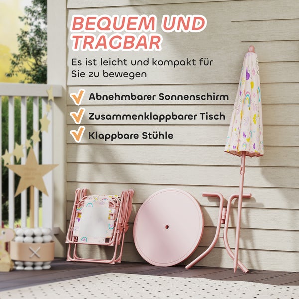 Kindergartengarnitur mit abnehmbarem Sonnenschirm, klappbarem Tisch und klappbaren Stühlen