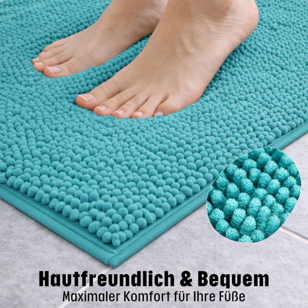 Weiche Badematte mit Chenille-Struktur für hohen Gehkomfort, weiche Oberfläche und hautschonendes Material auf Fliesenboden.