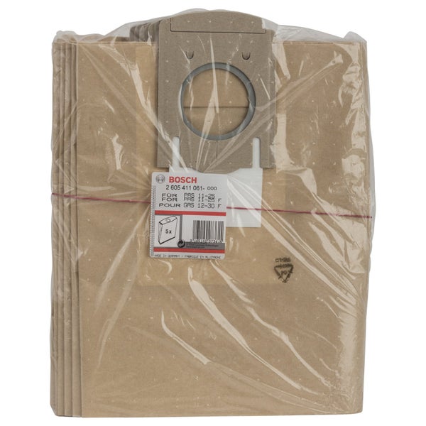 Bosch Staubsaugerbeutel aus Papier, Packung mit 5 Stück, passend für PAS 11-25 und GAS 12-30 F.