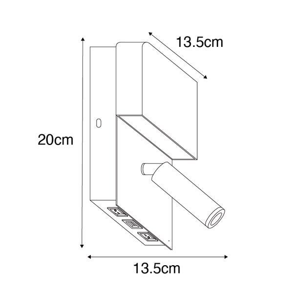 Technische Zeichnung einer Wandleuchte mit den Maßen 20 cm Höhe und 13,5 cm Breite und Tiefe.