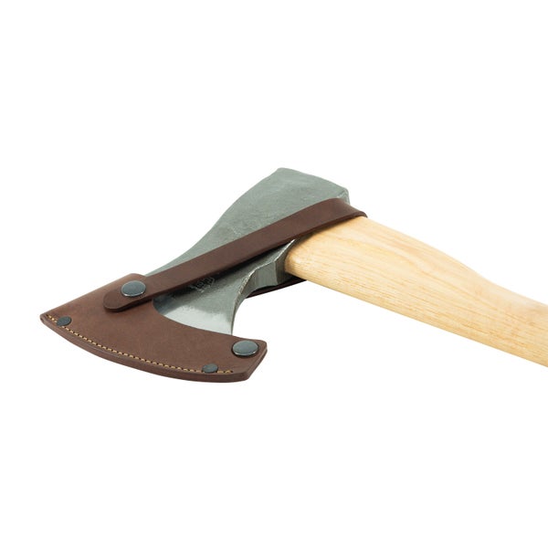 Handbeil mit Metallkopf und Holzstiel, inklusive Schneidenschutz aus Leder