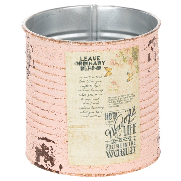 Dekotopf aus Metall im Vintage-Stil, rosa patiniert, mit dekorativem Etikett und Schriftzug.