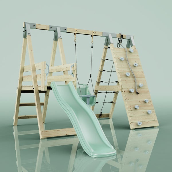 Spielturm aus Holz mit Podest, Wellenrutsche, Kleinkindschaukel und Kletterwand inklusive Klettersteinen und Seil.